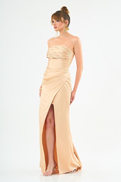Carmen Gold Straplez Pliseli Saten Abiye Elbise