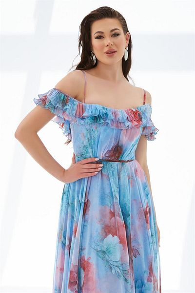 Carmen Printed Indigo Long Evening Dress - Backless