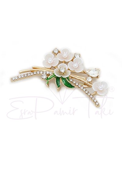 Esra Pamir Zirkon Taşlı İncili Altın Renk Çiçek Demeti Broş