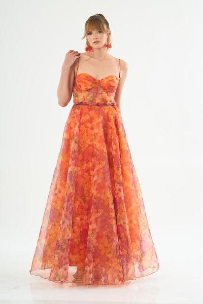 Carmen Rochie de seara lunga fara bretele cu imprimeu portocaliu