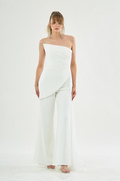 Carmen Strapless Ecru Tailed Crepe Jumpsuit