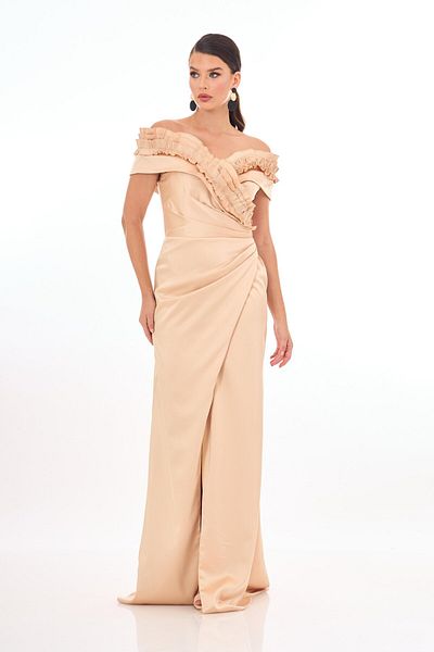 Carmen Satin Evening Dress - Gold Ruffle and Slit Dress