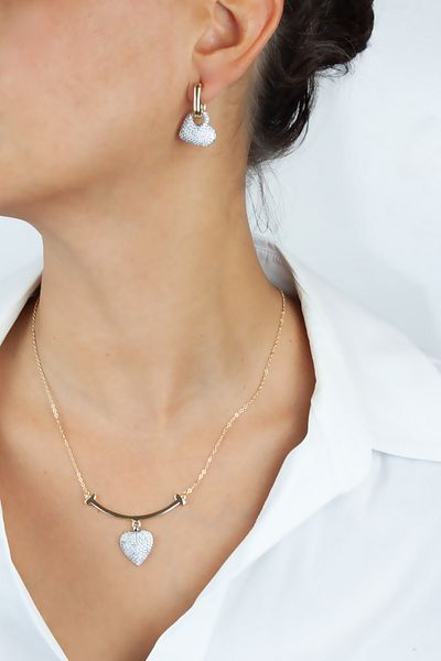 Liveyn Design Zircon Stone Heart Figured Gold Necklace Earring Set
