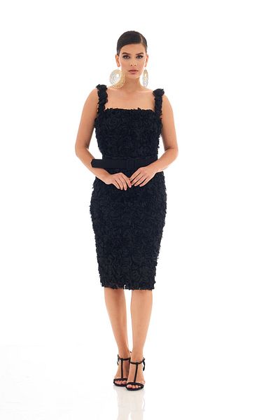 Carmen Black Evening Dress with Tulle Belt
