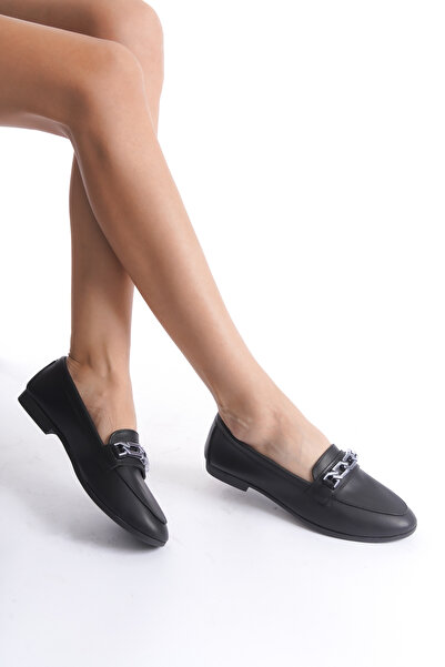 Ayakkabı Podyumum '' SEÇİL '' SİYAH CİLT GÜNLÜK DÜZ TABAN TOKALI MASKÜLEN LOAFER YENİ SEZON