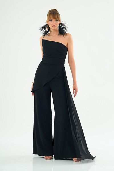 Carmen Strapless Black Crepe Jumpsuit - Tailed