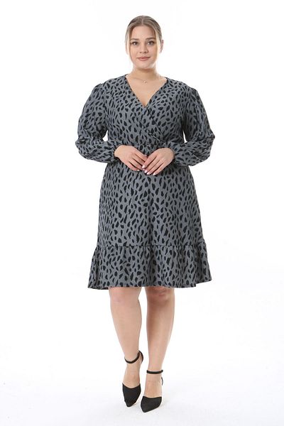 Madwilo Women's Gray Black Speckle Pattern Double Breasted Collar Ruffle Detail Plus Size Dress
