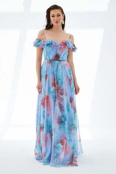 Carmen Printed Indigo Long Evening Dress - Backless