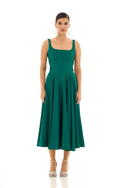 Carmen Back Low-Cut Emerald Midi Satin Evening Dress