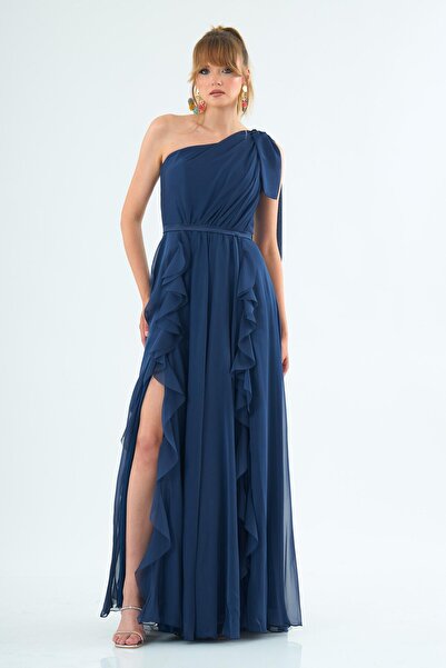 Carmen Lacivert Şifon Tek Omuzlu Uzun Abiye Elbise