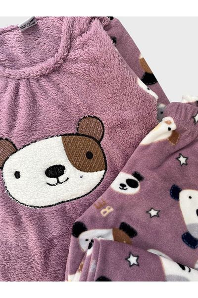 Fil Kids Girl's Powder Color Teddy Bear Patterned Long Sleeve Winter Fleece Pajama Set