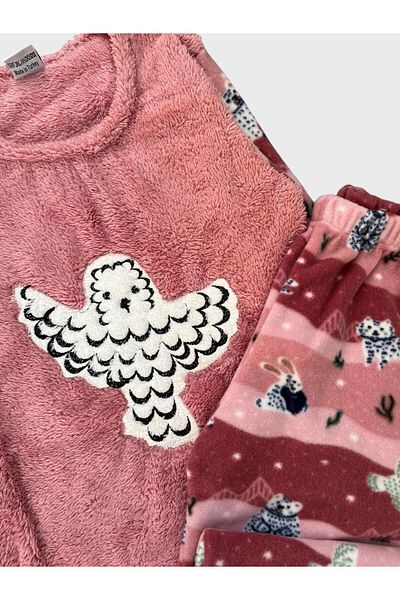 Fil Kids Girl's Pink Owl Patterned Long Sleeve Winter Fleece Pajama Set