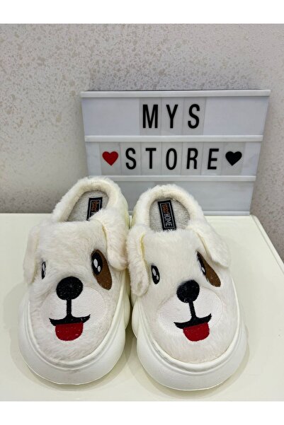 Akınal Bella Peluş Köpek Figürlü Kalın Tabanlı Ev Terlik Beyaz