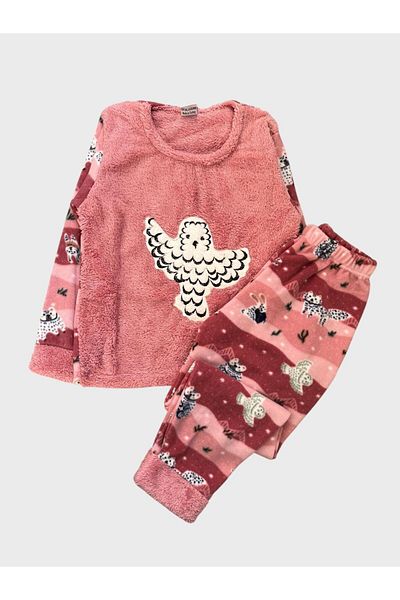 Fil Kids Girl's Pink Owl Patterned Long Sleeve Winter Fleece Pajama Set