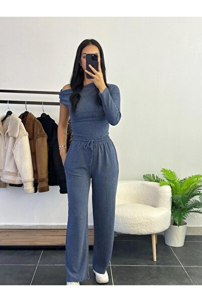 aytenli Asymmetric Collar Single Sleeve Elastic Waist Lace Detailed Pocket Wrap Wide Leg Trousers Blouse Set