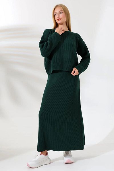 bacc Green Women's Knitwear Set with Crew Neck Sweater and Skirt - Bces- 241001