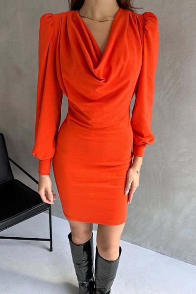 bacc Rochie mini de damă portocalie cu guler degajat Bcdf- 242135