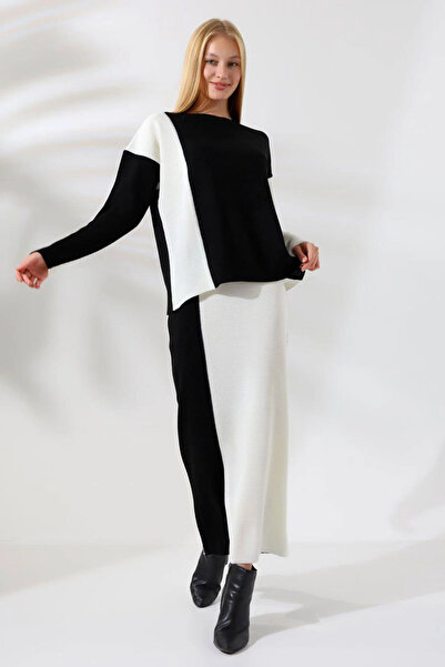 bacc Women's Black Crew Neck Color Block Sweater and Skirt 2-Piece Knitwear Set
