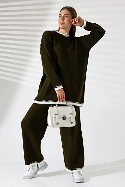 bacc Women's Khaki Crew Neck Shepherd Stitched Sweater and Palazzo Knitwear T...
