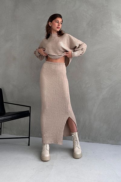 bacc Beige Women's Skirt and Blouse Set - Slit Detail, Textured Bcdf- 242121