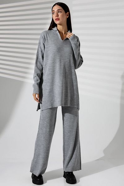 bacc Women's Gray Polo Neck Ribbed Relaxed Fit Winter Knitwear Bottom Top Suit Bcvl-T 243149