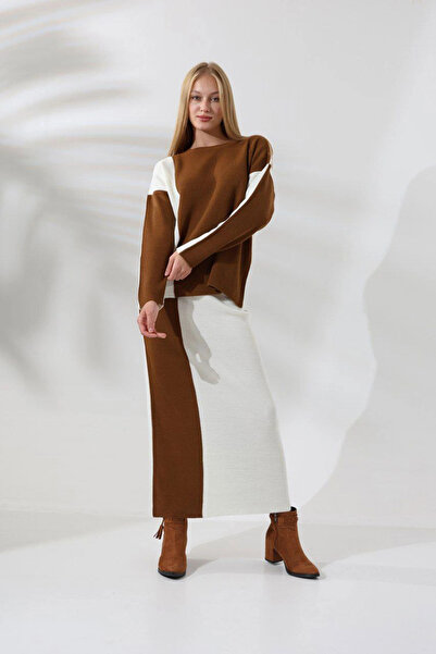 bacc Women's Brown Crew Neck Color Block Sweater and Skirt 2-Piece Knitwear Set