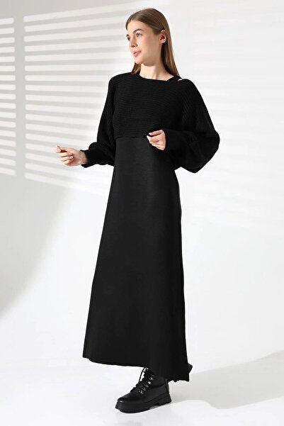 bacc Γυναικείο μαύρο πλεκτό φόρεμα με λαιμόκοψη και πλεκτό φόρεμα Bces-241003