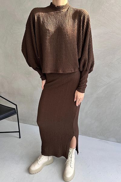 bacc Brown Women's Skirt and Blouse Set - Slit Detail, Textured Bcdf- 242121