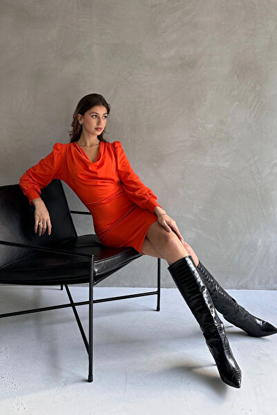 bacc Kadın Turuncu Degaje Yaka Mini Elbise Bcdf-242135