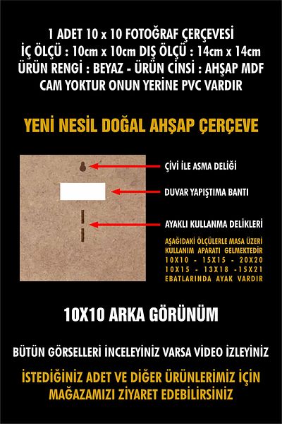 OneMina 1 BUC 10X10 CADRU DE LEMN ALB - CU STICLA PVC - MINI CADRU CU PĂRȚI