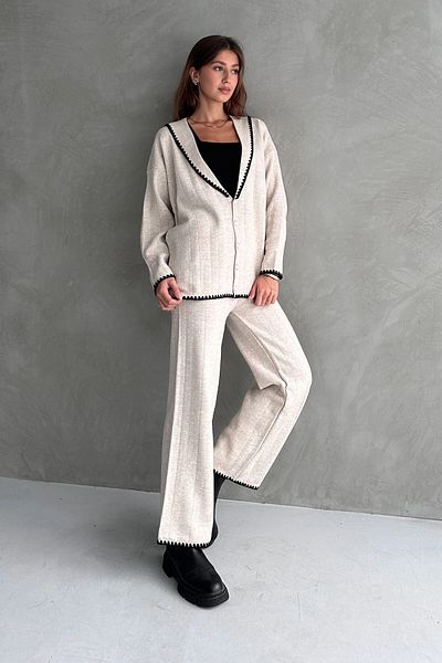 bacc Ecru Women's Knitwear Set - 2-Piece Winter Set with Shawl Collar and Ribbed Detail Bc24A500