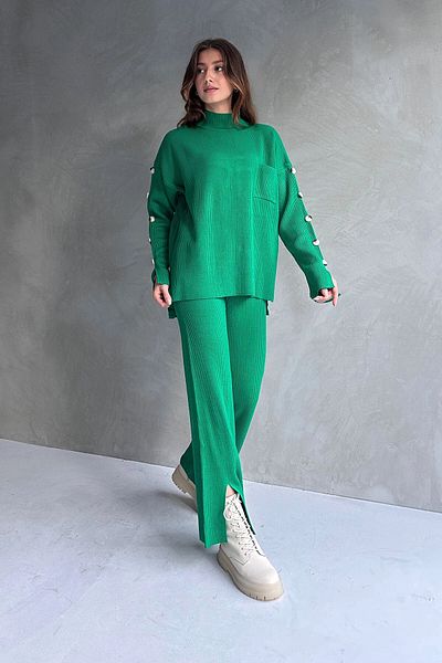 bacc Green Winter Knitwear Set - Button Detailed and Slit Leg Bc24A533