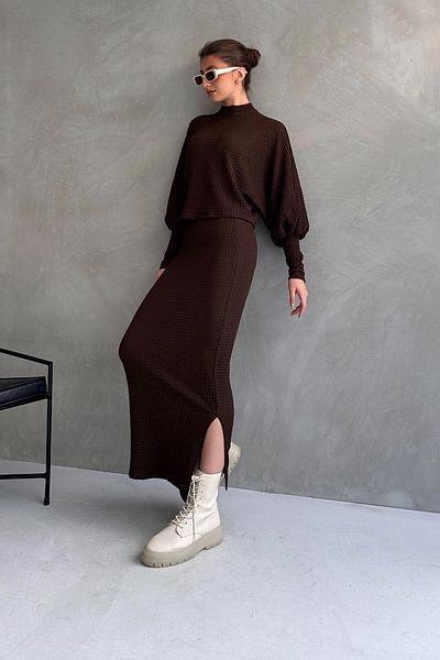 bacc Brown Women's Skirt and Blouse Set - Slit Detail, Textured Bcdf- 242121