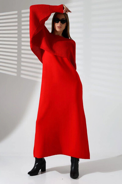 bacc Women's Red Crew Neck Knitted Motif Crop Sweater and Knitwear Dress Set