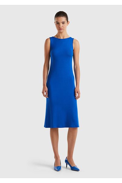 United Colors of Benetton Γυναικείο Saks Μπλε παχύρρευστο αμάνικο φόρεμα με τρίγωνο στην πλάτη και λεπτομέρεια με κόμπους