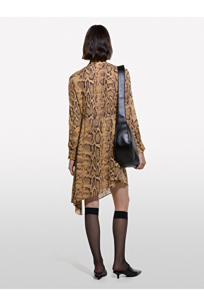 Sisley Women's Dark Yellow Patterned All Printed Lacing Detail Skirt Tip Asymmetrical Dress