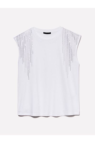 Sisley Γυναικεία Λευκή 100% Βαμβακερή Απλικέ Αμάνικη Μπλούζα με λαιμόκοψη
