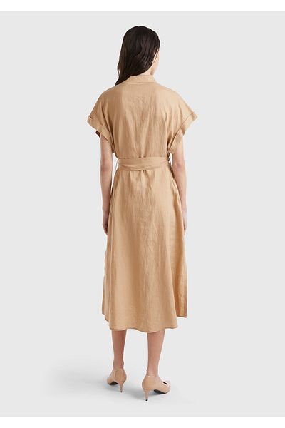United Colors of Benetton Women's Tan 100% Linen Button Front Closure Waist Belted Midi Dress
