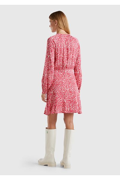 United Colors of Benetton Women's Red 100% Viscous Front Drop Skirt Frilly Patterned Dress