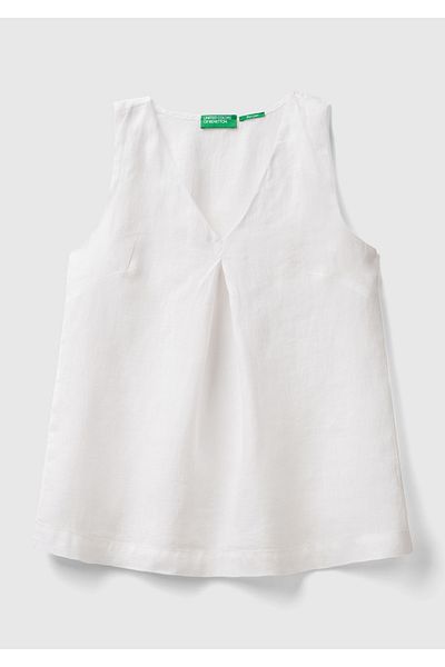 United Colors of Benetton Γυναικεία λευκή 100% λινό αμάνικη φαρδιά μπλούζα με λαιμόκοψη