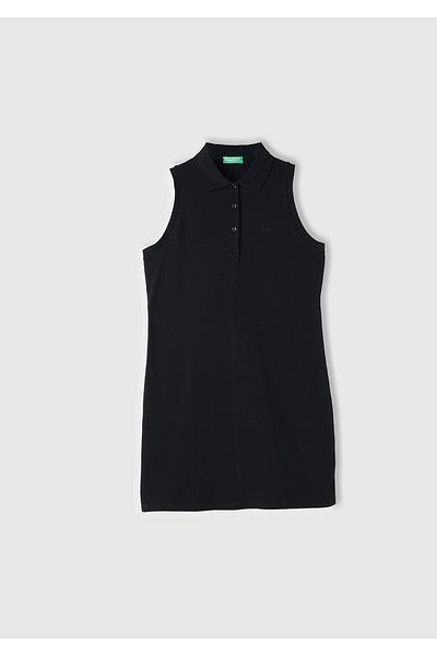 United Colors of Benetton Women's Black Cotton Blended Chest Logo Embroidered Buttoned Polo Collar Dress