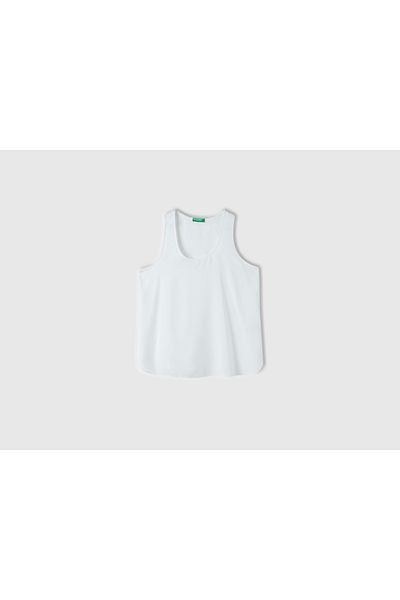 United Colors of Benetton بلوزة نسائية بيضاء 100% مزخرفة ومخيطة وواسعة برقبة دائرية