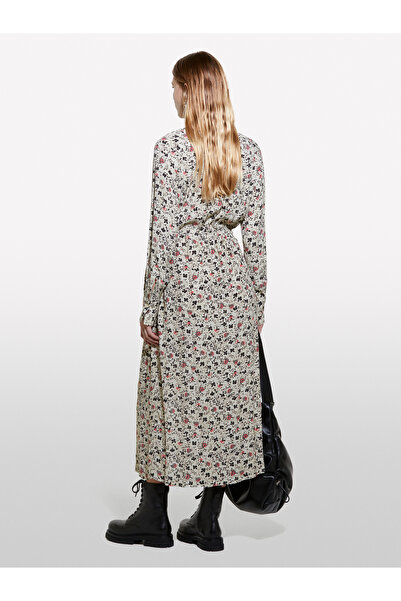 Sisley Γυναικείο μπεζ φόρεμα με 100% βισκόζη, με στάμπα, μακρύ πουκάμισο με σκίσιμο