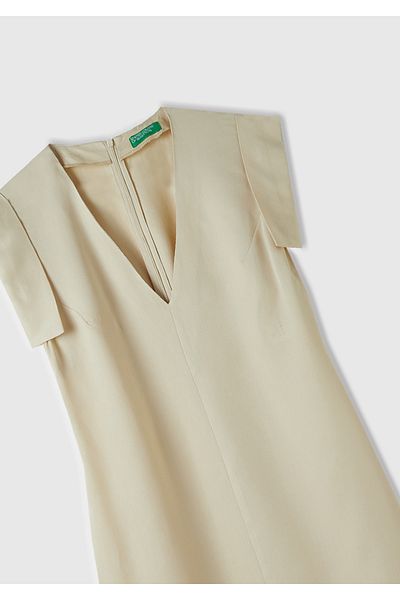 United Colors of Benetton Women's Beige 100% Liyosel Shrinking Waist Side Zipper V-Neck Dress
