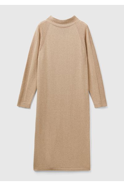 United Colors of Benetton Women's Beige Wool and Cashmere Blended Long Stand Collar Dress