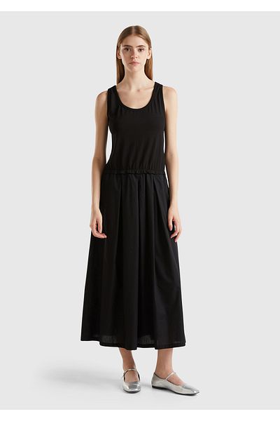 United Colors of Benetton Women's Black Cotton Blended Light Flared Wide Collar Sleeveless Long Dress