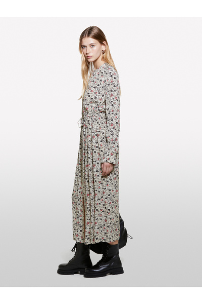 Sisley Γυναικείο μπεζ φόρεμα με 100% βισκόζη, με στάμπα, μακρύ πουκάμισο με σκίσιμο