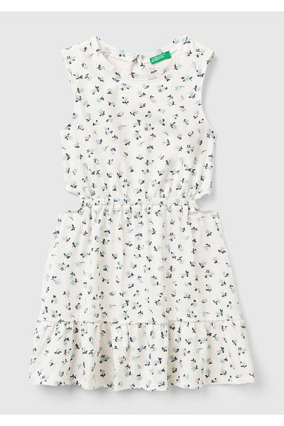 United Colors of Benetton Girl's Blue-Cream All-Patterned Low-Cut Waist Zero Sleeve Dress