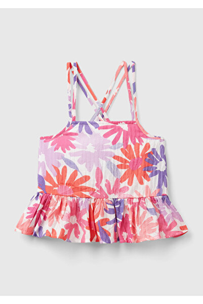 United Colors of Benetton Κοριτσίστικη ροζ μίξη με βολάν μπλούζα με στάμπα λο...