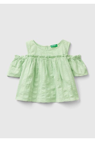 United Colors of Benetton Светлозелена гумена блуза с отворени рамене за момиче с кръгло деколте